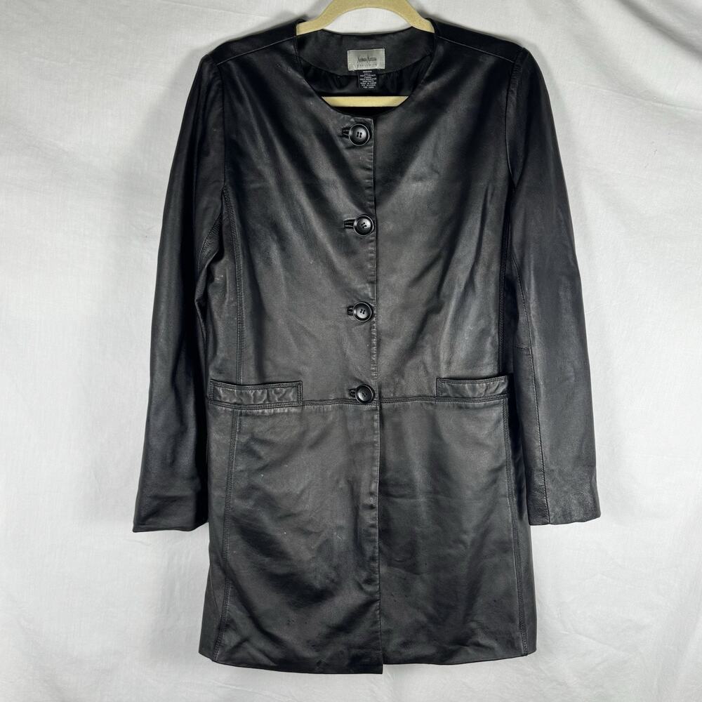 Neiman Marcus Women’s Medium (M) Black Genuine Leather Overcoat Jacket, Classic